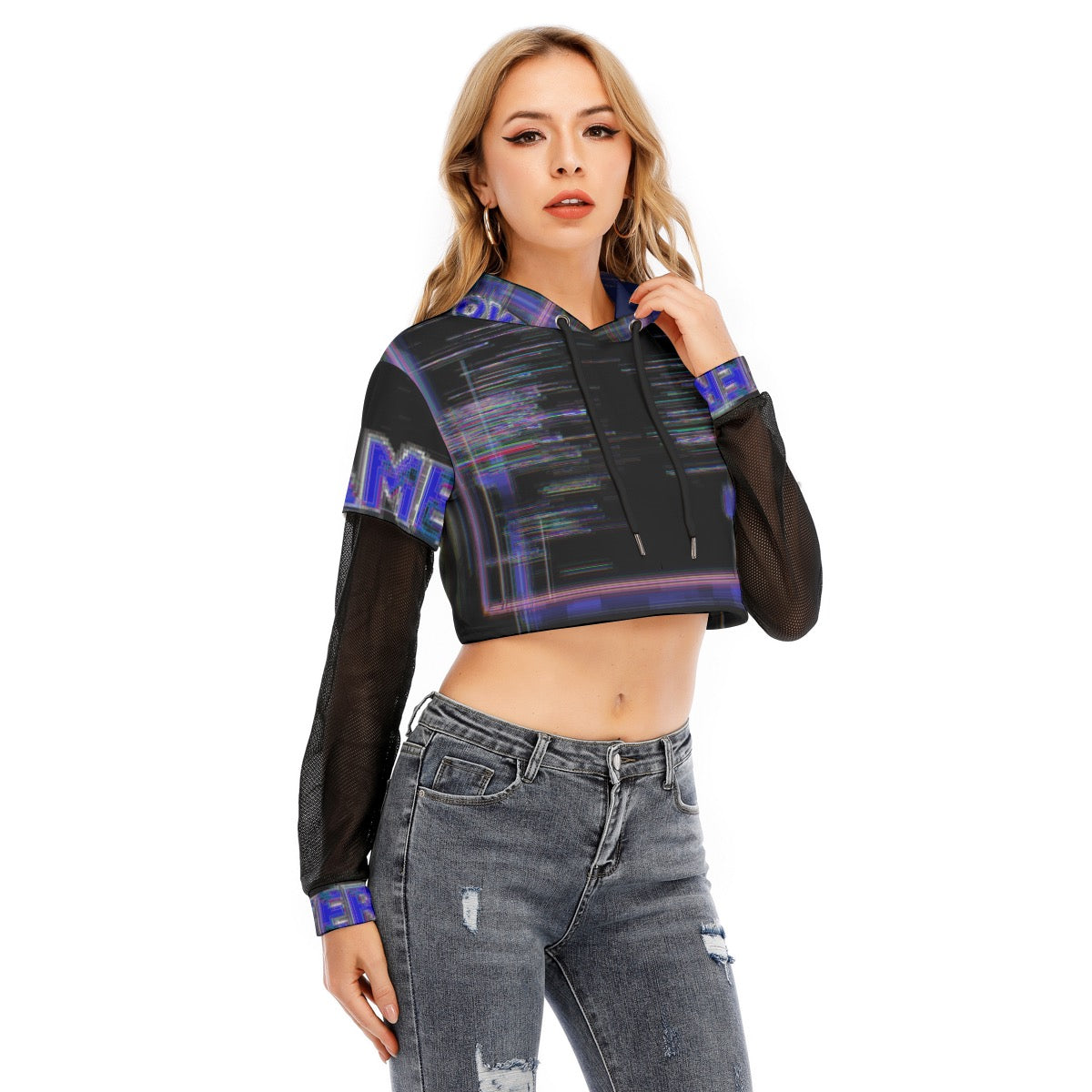 Eschersnatch Women's Fake Two-piece Mesh Sleeve Cropped Hoodie