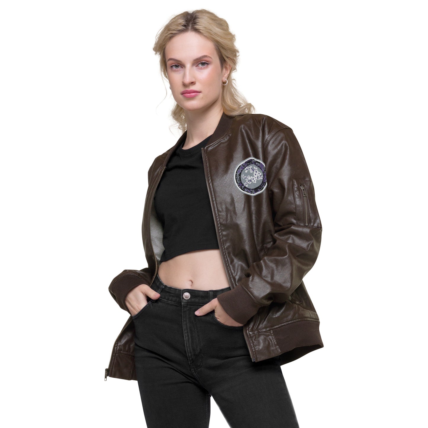 Codawinx Blossom Logo Embroidered Leather Bomber Jacket